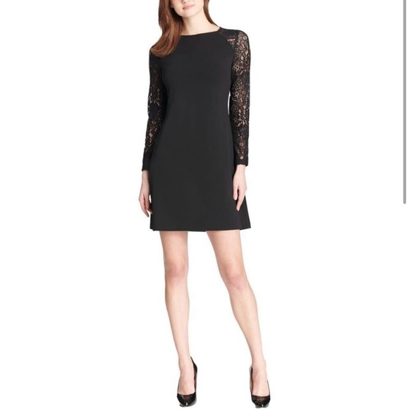 NWT Tommy Hilfiger Womens Black Lace Sleeves Mini Shift Dress Size 10 - Picture 1 of 8
